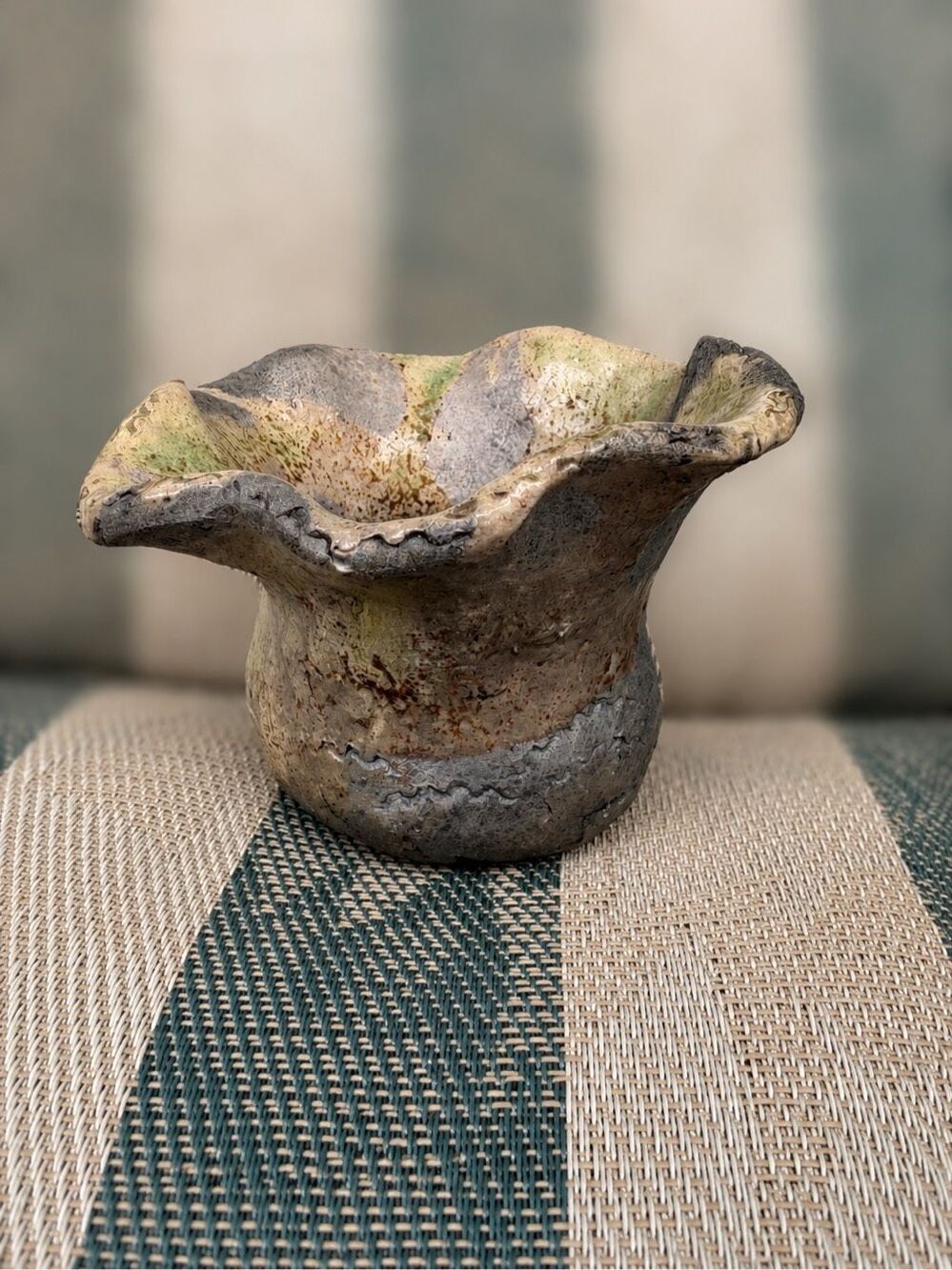 Studio Pottery Ruffled Bowl Mottled Glaze Gray Green Wabi Sabi Rustic Boho